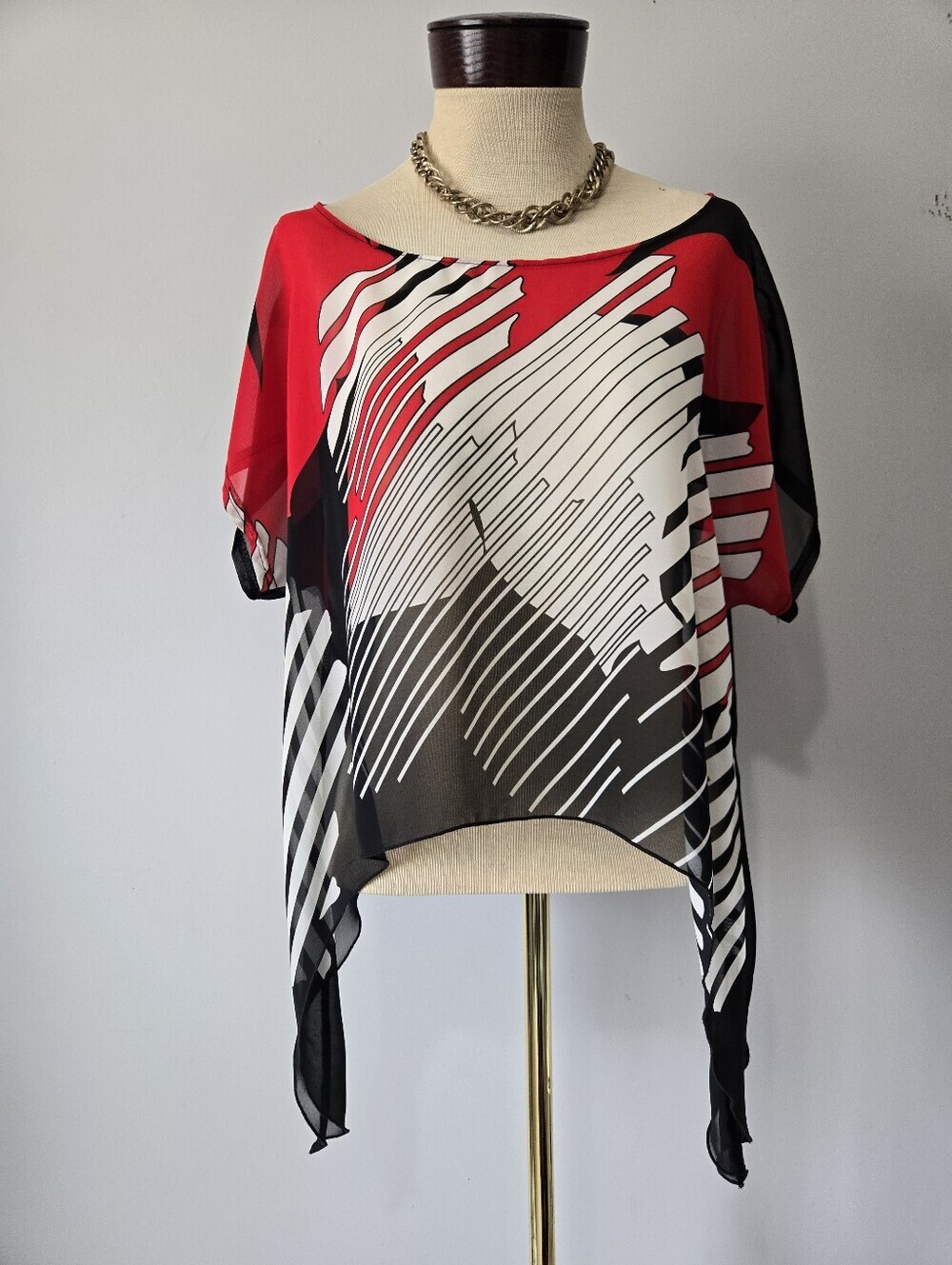 Joseph Ribkoff Crop Red, Black & White Abstract Print Sheer Top. Size 4 - Picture 1 of 10